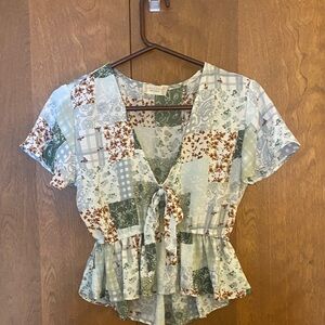 Altar'd State Patchwork Tie-Front Blouse - Green and Cream